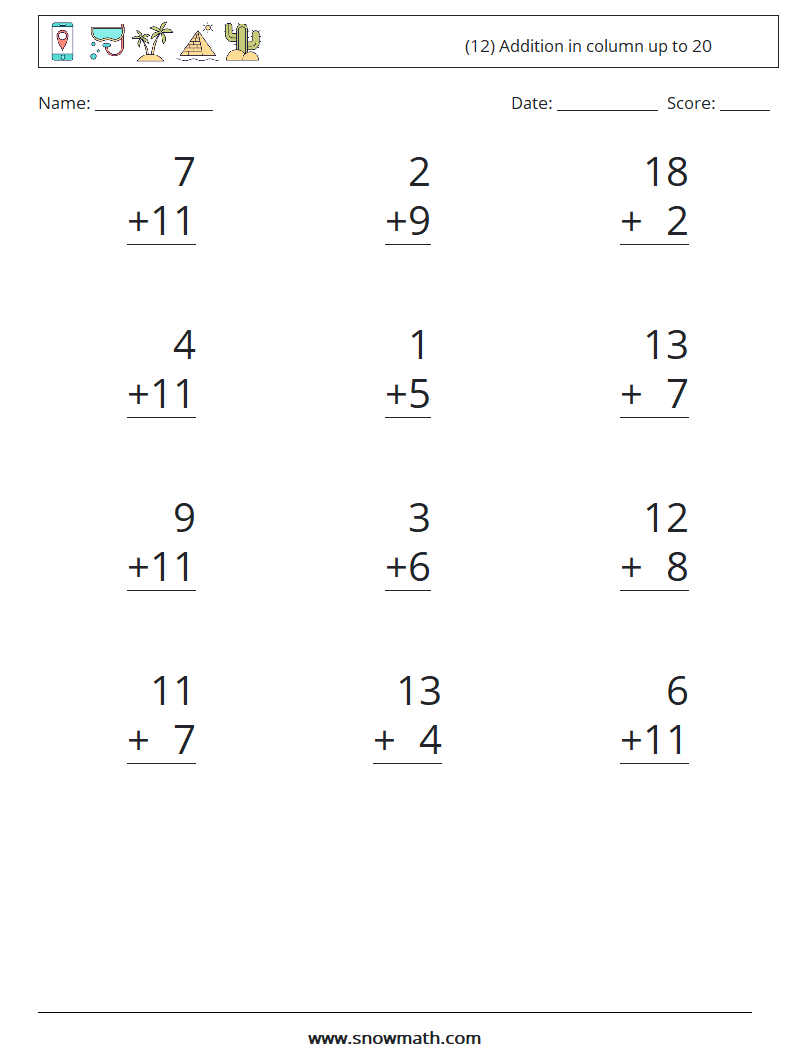 (12) Addition in column up to 20 Maths Worksheets 1