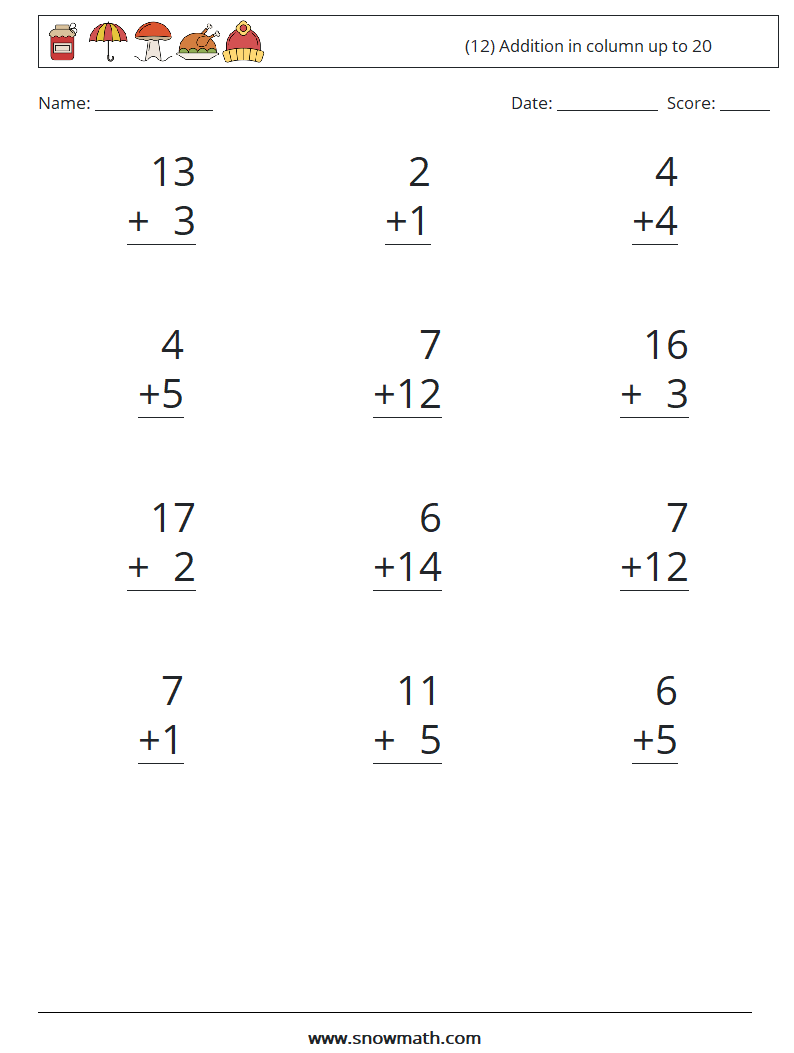 (12) Addition in column up to 20 Maths Worksheets 10