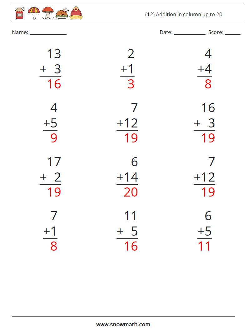 (12) Addition in column up to 20 Maths Worksheets 10 Question, Answer