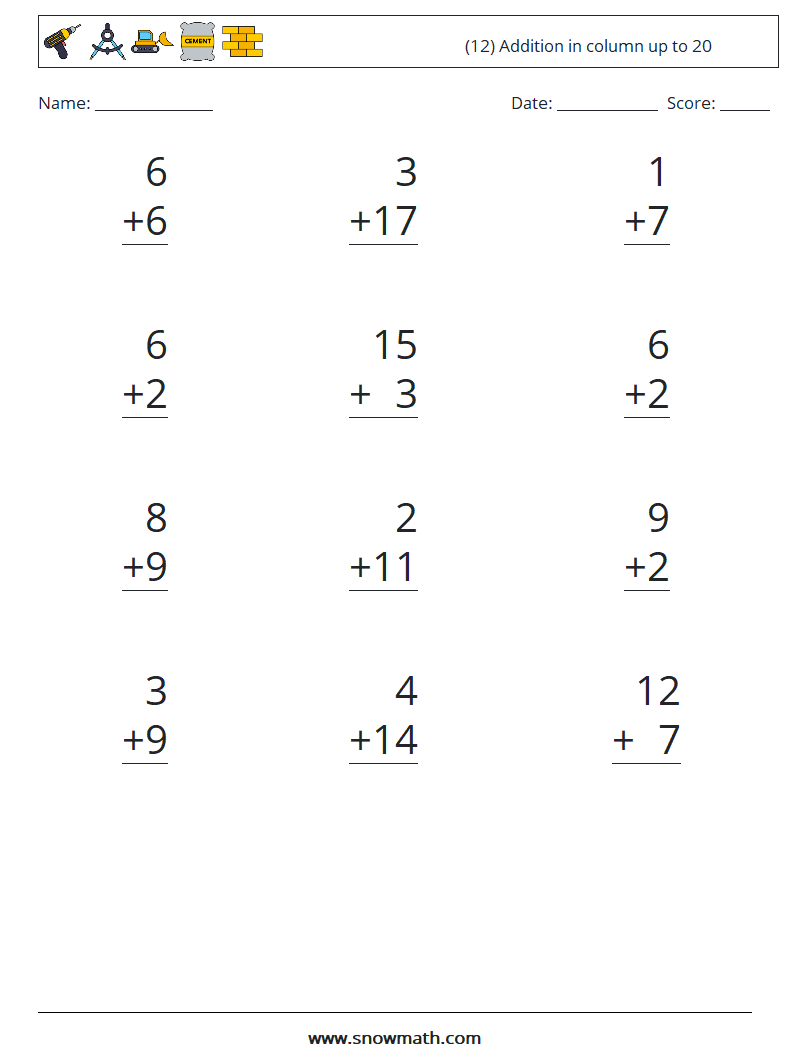 (12) Addition in column up to 20 Maths Worksheets 12