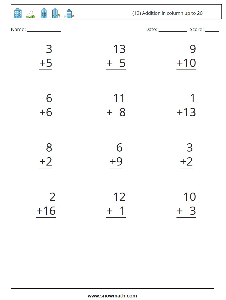 (12) Addition in column up to 20 Maths Worksheets 13