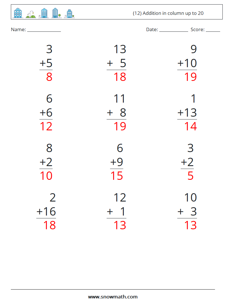 (12) Addition in column up to 20 Maths Worksheets 13 Question, Answer