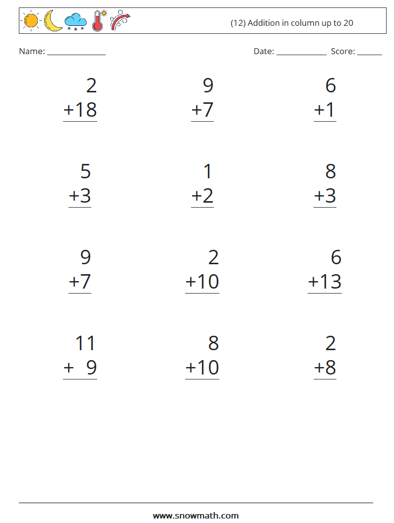 (12) Addition in column up to 20 Maths Worksheets 14