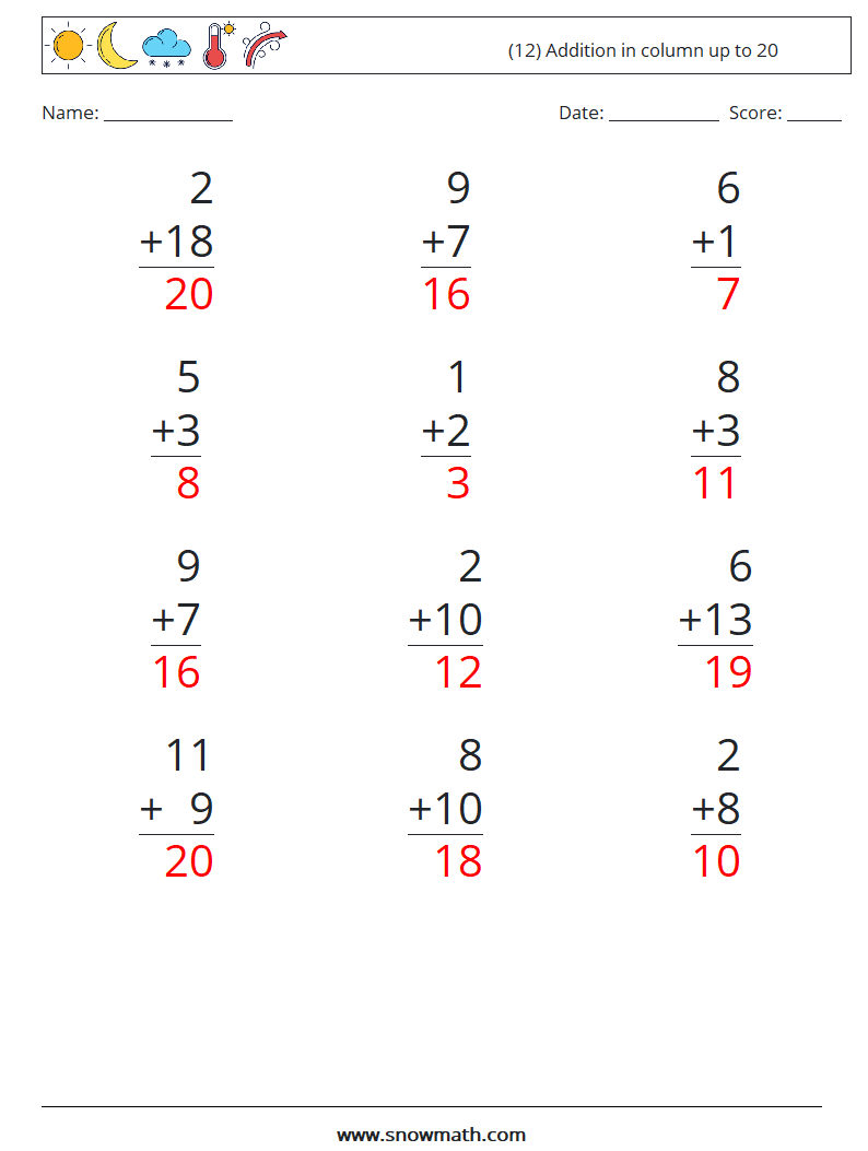 (12) Addition in column up to 20 Maths Worksheets 14 Question, Answer