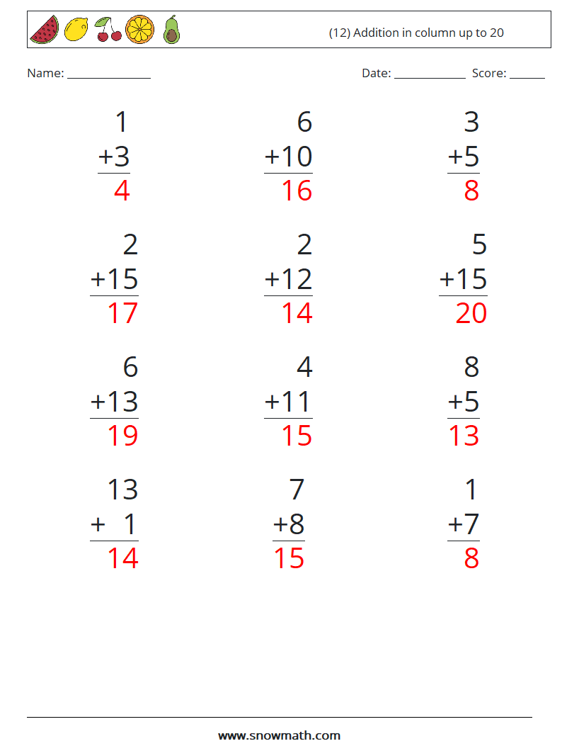 (12) Addition in column up to 20 Maths Worksheets 15 Question, Answer