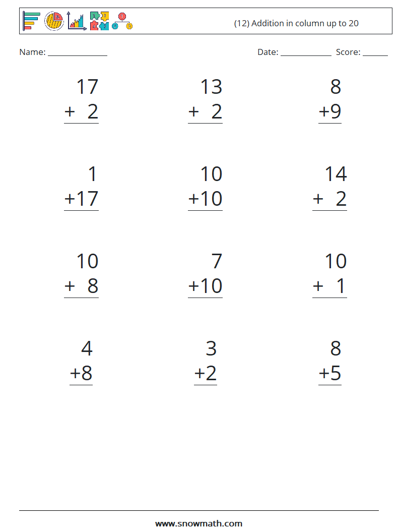 (12) Addition in column up to 20 Maths Worksheets 16