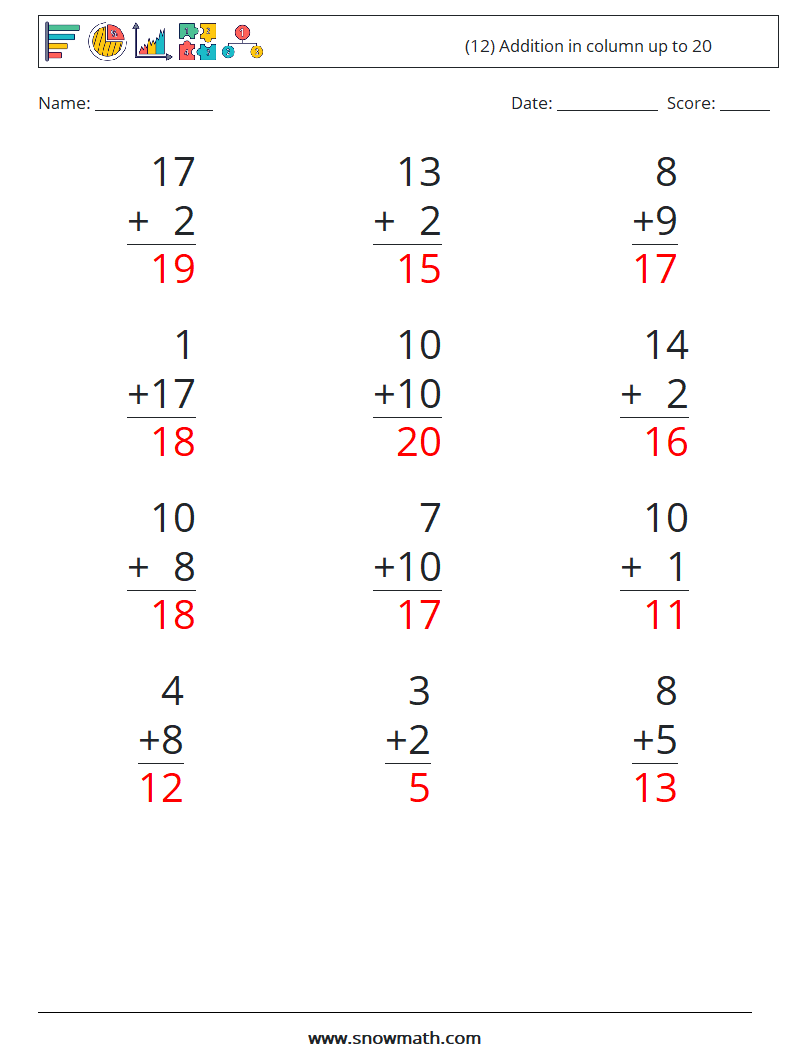 (12) Addition in column up to 20 Maths Worksheets 16 Question, Answer