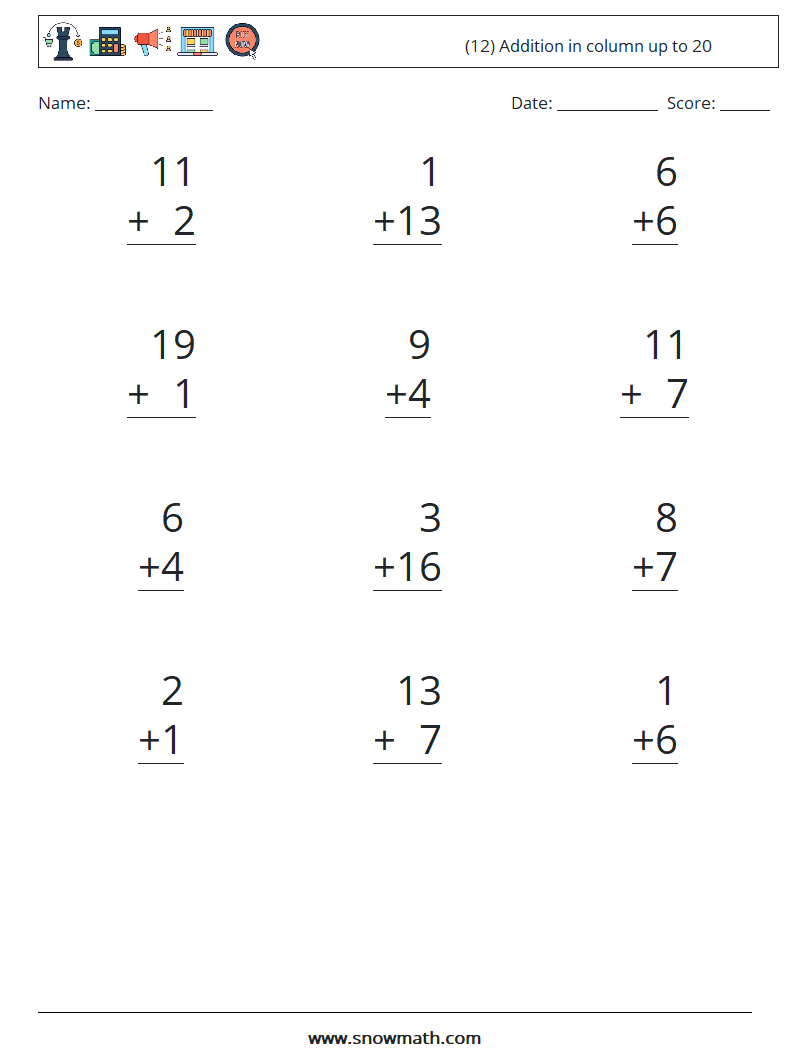 (12) Addition in column up to 20 Maths Worksheets 18