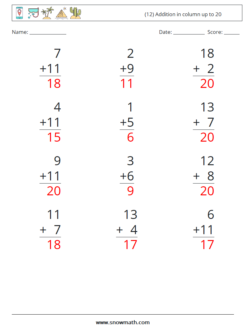 (12) Addition in column up to 20 Maths Worksheets 1 Question, Answer