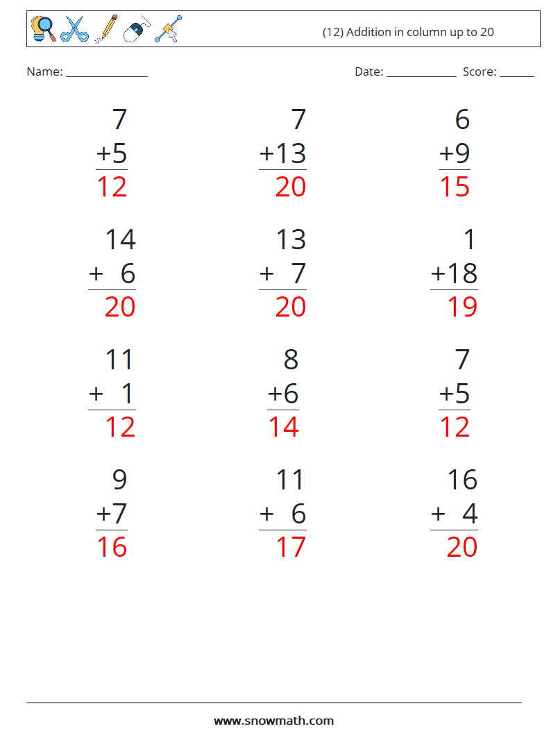 (12) Addition in column up to 20 Maths Worksheets 2 Question, Answer