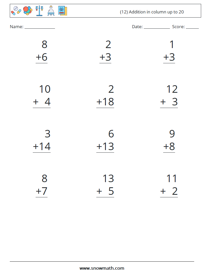 (12) Addition in column up to 20 Maths Worksheets 3