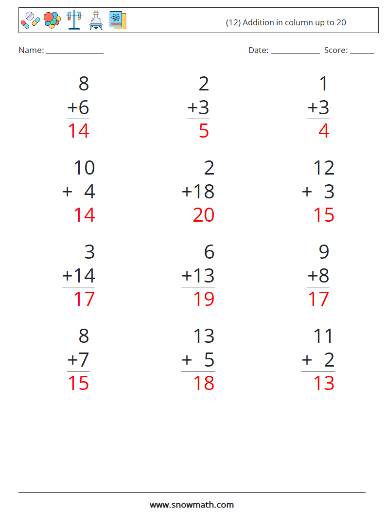 (12) Addition in column up to 20 Maths Worksheets 3 Question, Answer