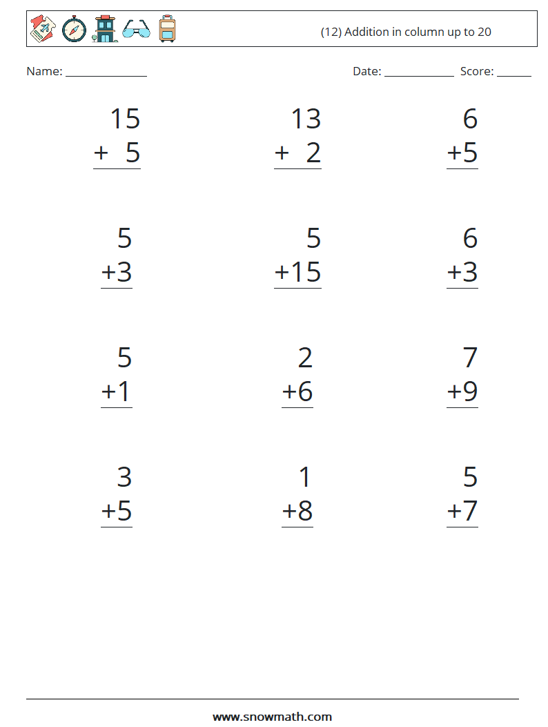 (12) Addition in column up to 20 Maths Worksheets 4