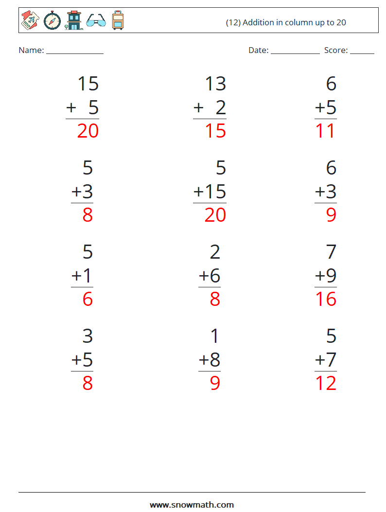 (12) Addition in column up to 20 Maths Worksheets 4 Question, Answer