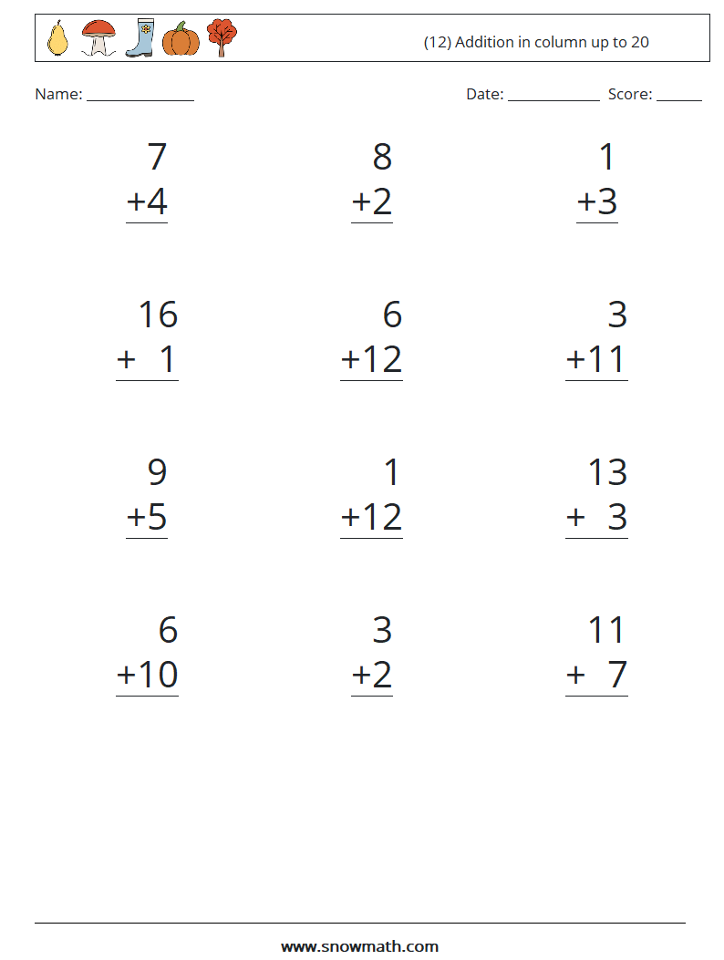 (12) Addition in column up to 20 Maths Worksheets 5