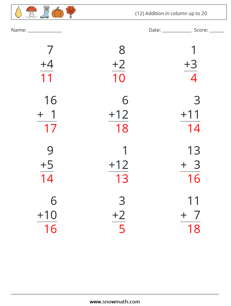 (12) Addition in column up to 20 Maths Worksheets 5 Question, Answer