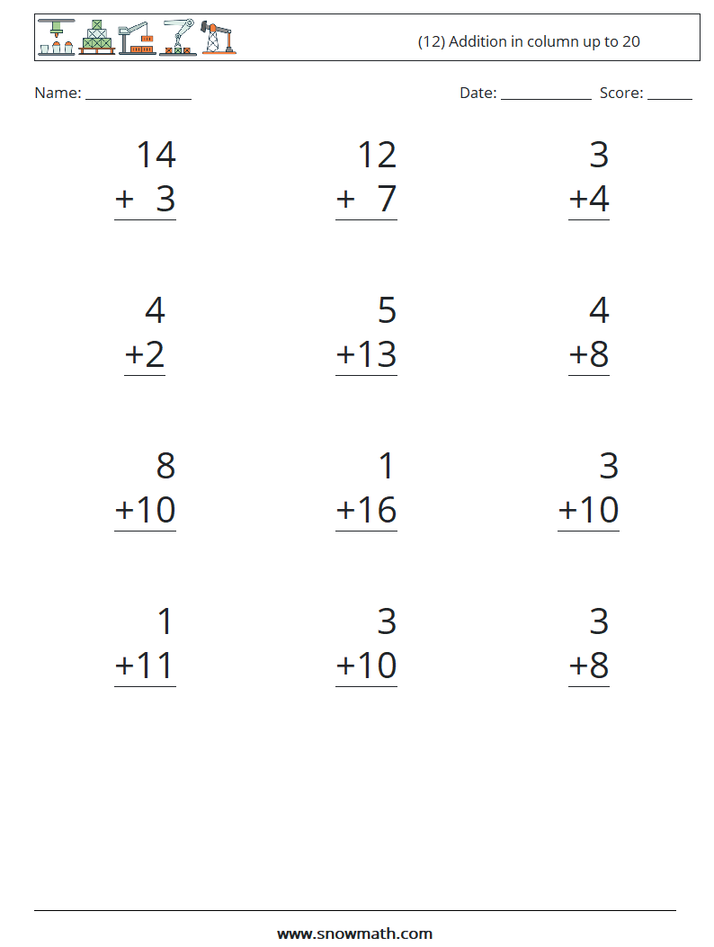 (12) Addition in column up to 20 Maths Worksheets 6