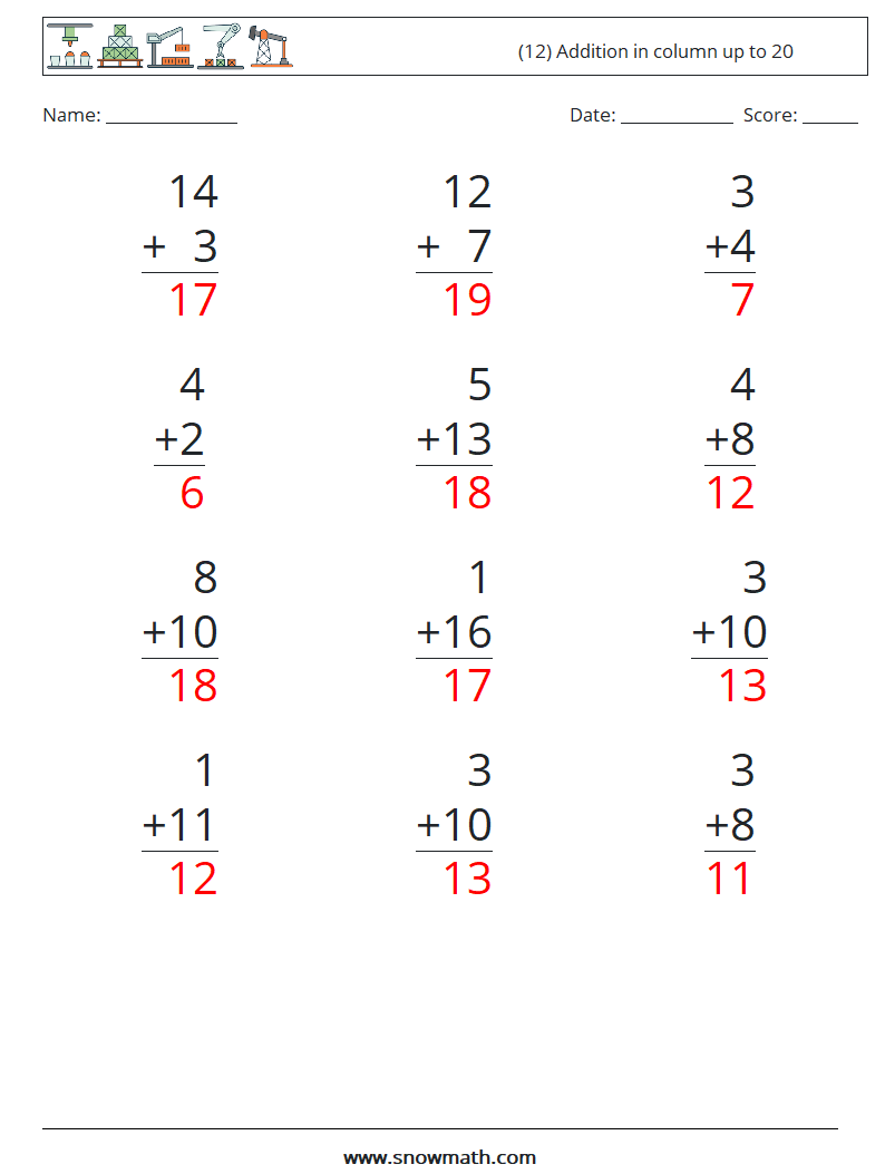 (12) Addition in column up to 20 Maths Worksheets 6 Question, Answer