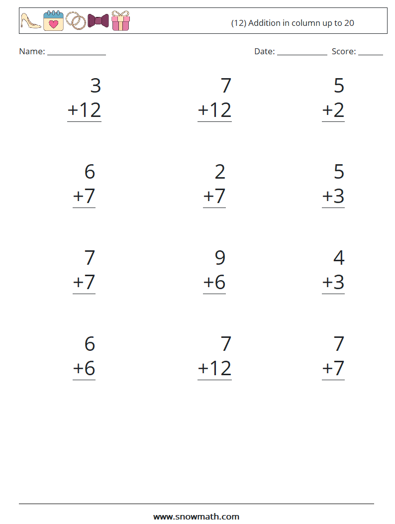 (12) Addition in column up to 20 Maths Worksheets 7