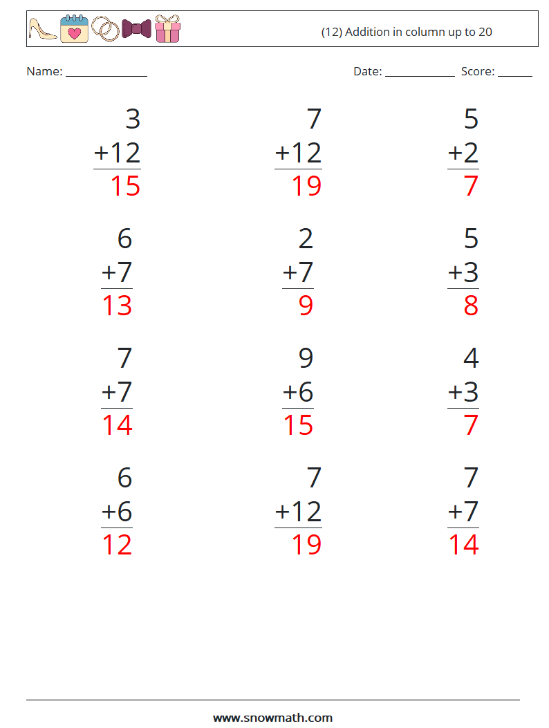 (12) Addition in column up to 20 Maths Worksheets 7 Question, Answer