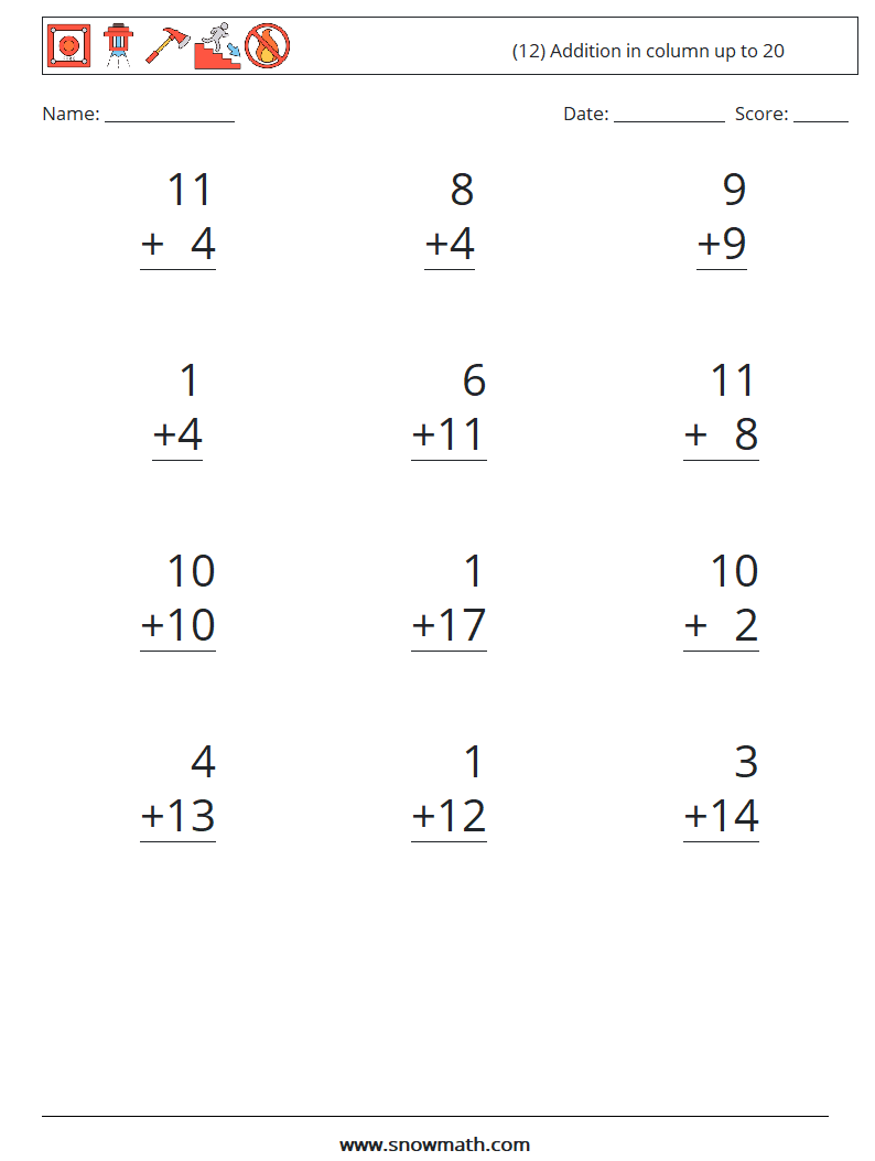 (12) Addition in column up to 20 Maths Worksheets 8