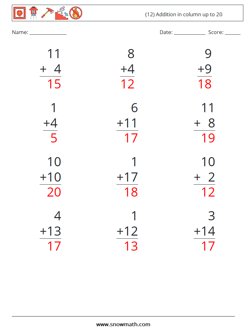 (12) Addition in column up to 20 Maths Worksheets 8 Question, Answer