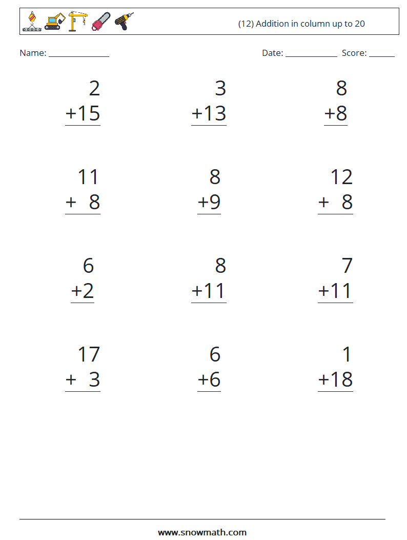 (12) Addition in column up to 20 Maths Worksheets 9