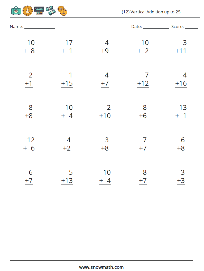 (12) Vertical Addition up to 25 Maths Worksheets 1