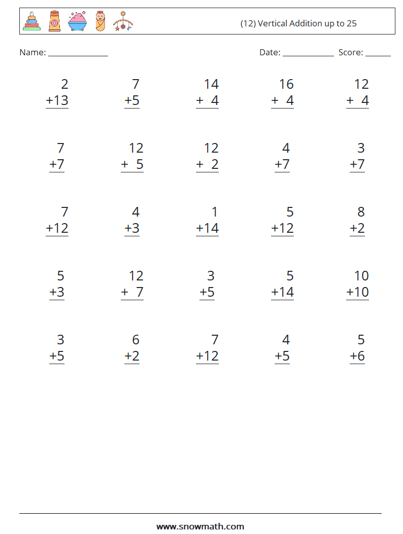 (12) Vertical Addition up to 25 Maths Worksheets 10