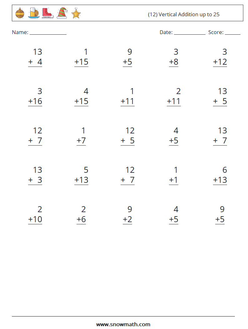 (12) Vertical Addition up to 25 Maths Worksheets 15