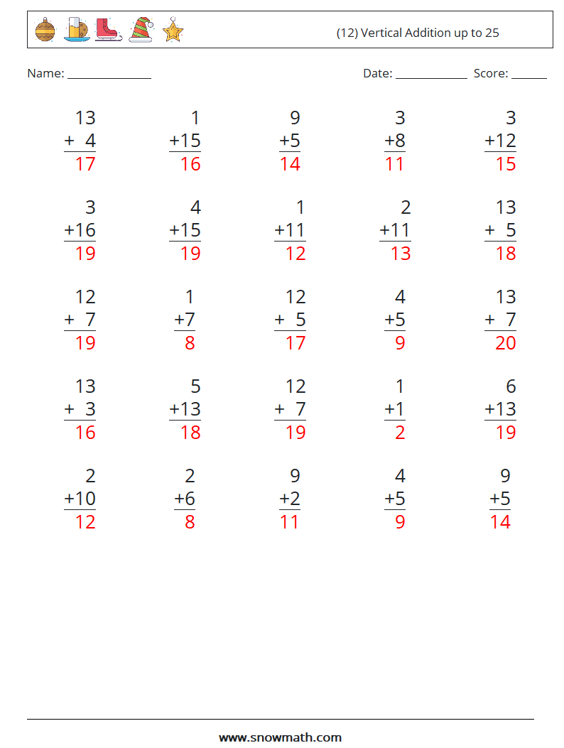 (12) Vertical Addition up to 25 Maths Worksheets 15 Question, Answer