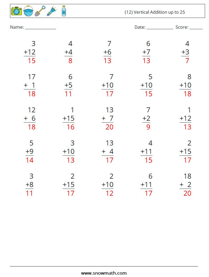 (12) Vertical Addition up to 25 Maths Worksheets 16 Question, Answer