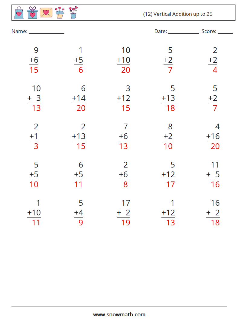 (12) Vertical Addition up to 25 Maths Worksheets 2 Question, Answer