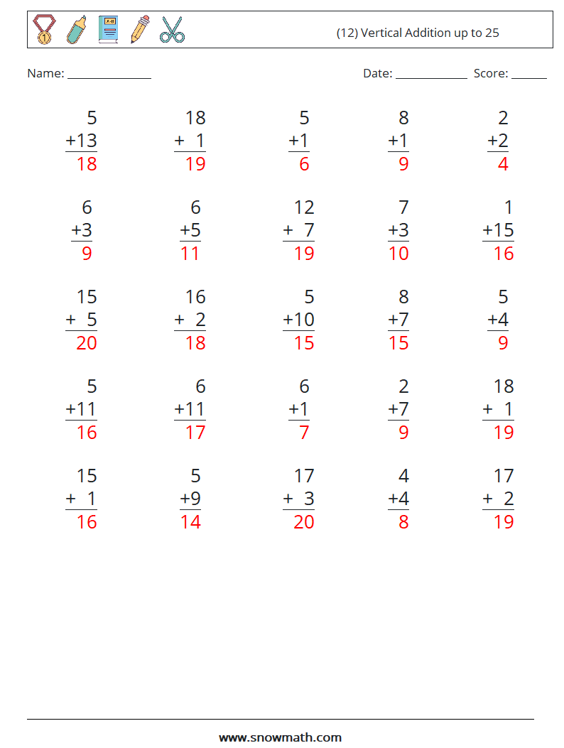 (12) Vertical Addition up to 25 Maths Worksheets 3 Question, Answer