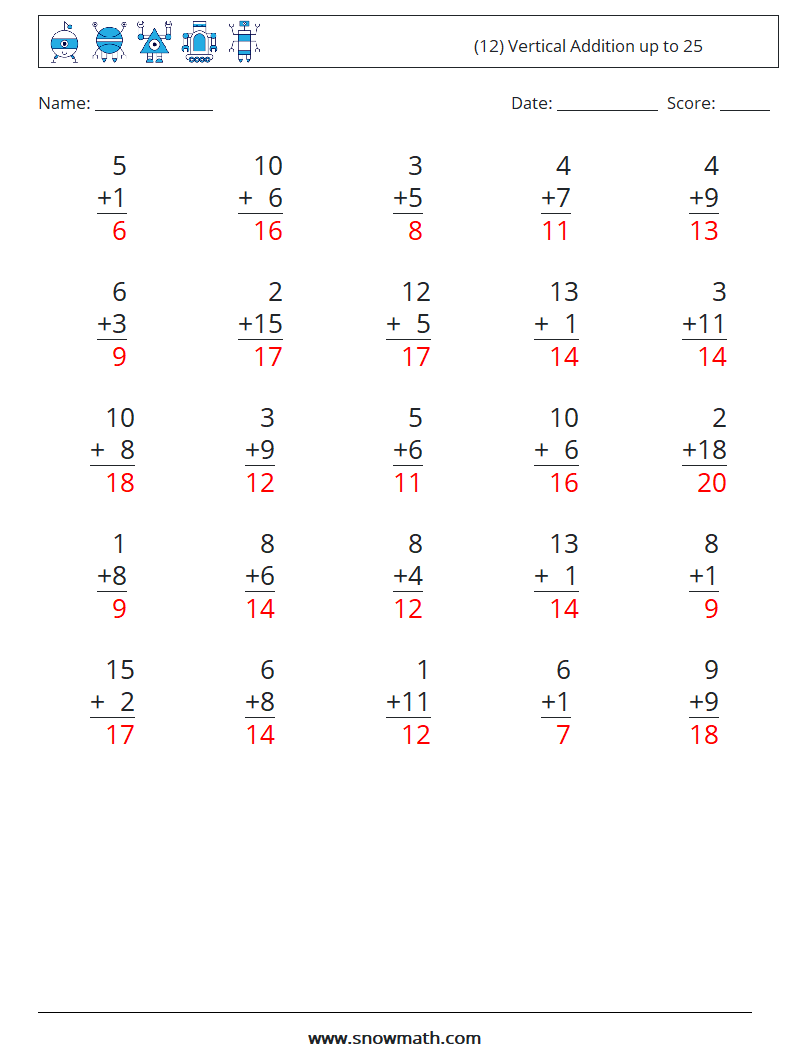 (12) Vertical Addition up to 25 Maths Worksheets 4 Question, Answer