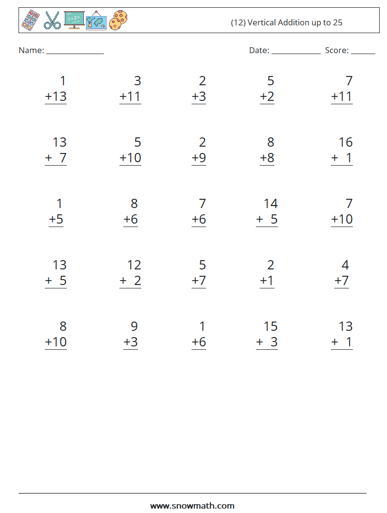 (12) Vertical Addition up to 25 Maths Worksheets 6