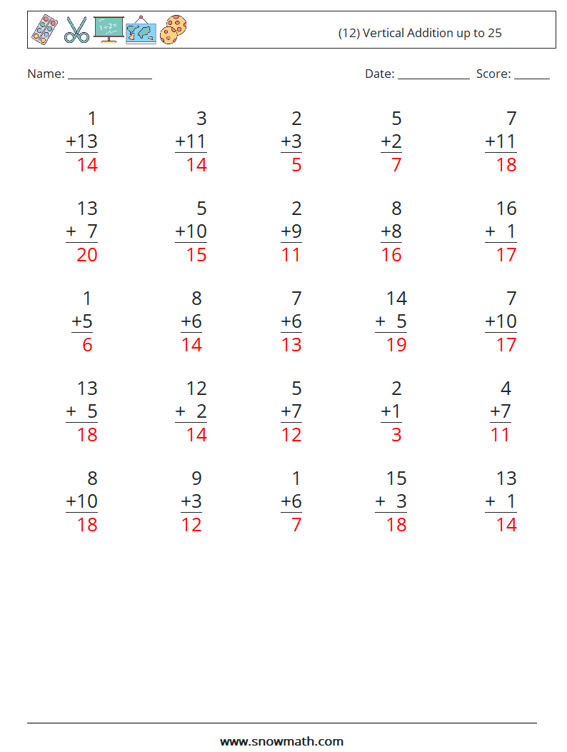 (12) Vertical Addition up to 25 Maths Worksheets 6 Question, Answer