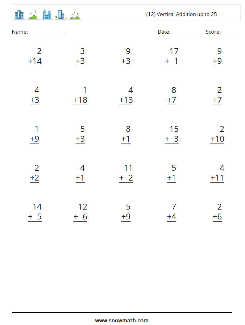 (12) Vertical Addition up to 25 Maths Worksheets 7