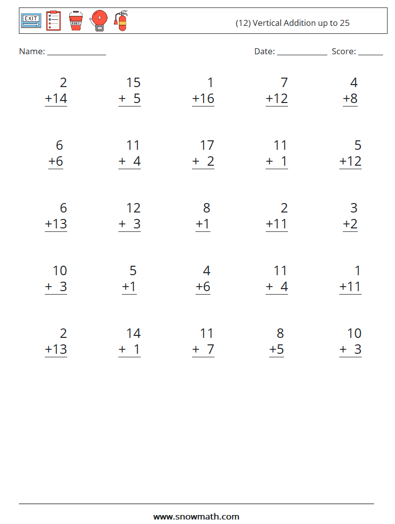 (12) Vertical Addition up to 25 Maths Worksheets 9