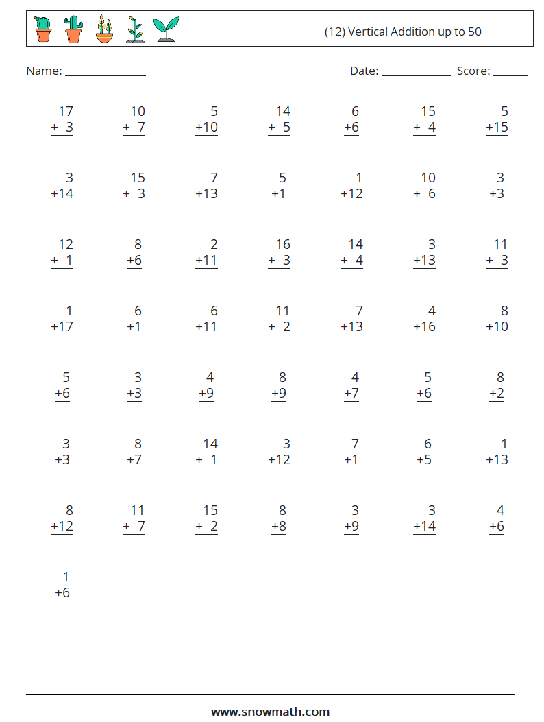 (12) Vertical Addition up to 50 Maths Worksheets 10