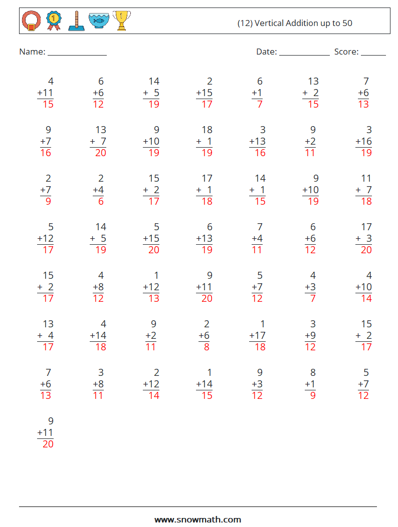 (12) Vertical Addition up to 50 Maths Worksheets 12 Question, Answer