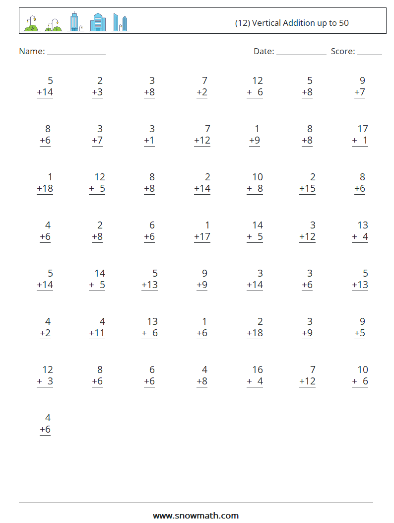 (12) Vertical Addition up to 50 Maths Worksheets 13