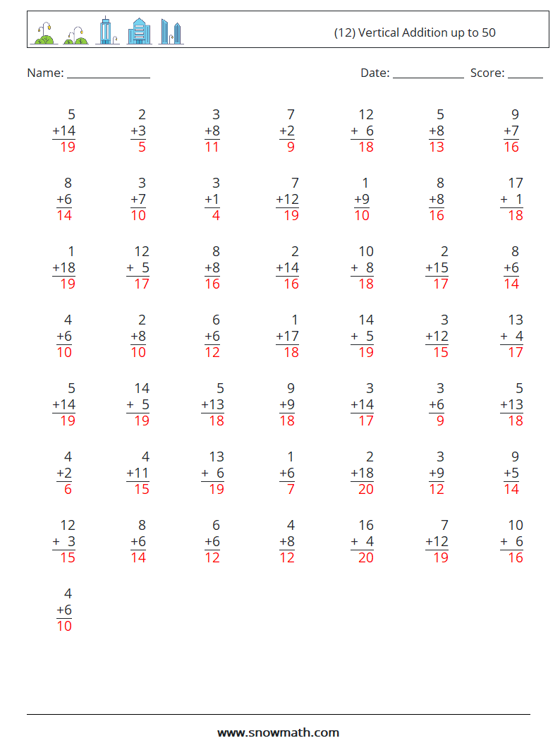 (12) Vertical Addition up to 50 Maths Worksheets 13 Question, Answer