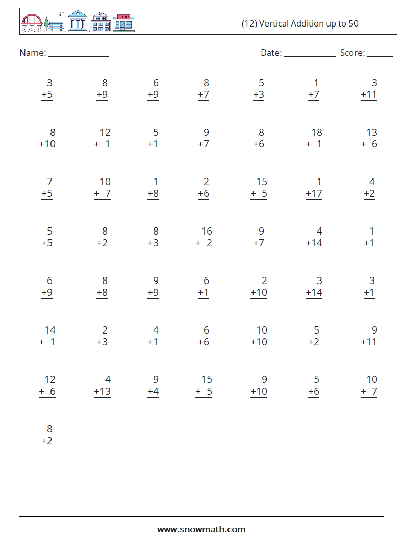 (12) Vertical Addition up to 50 Maths Worksheets 14