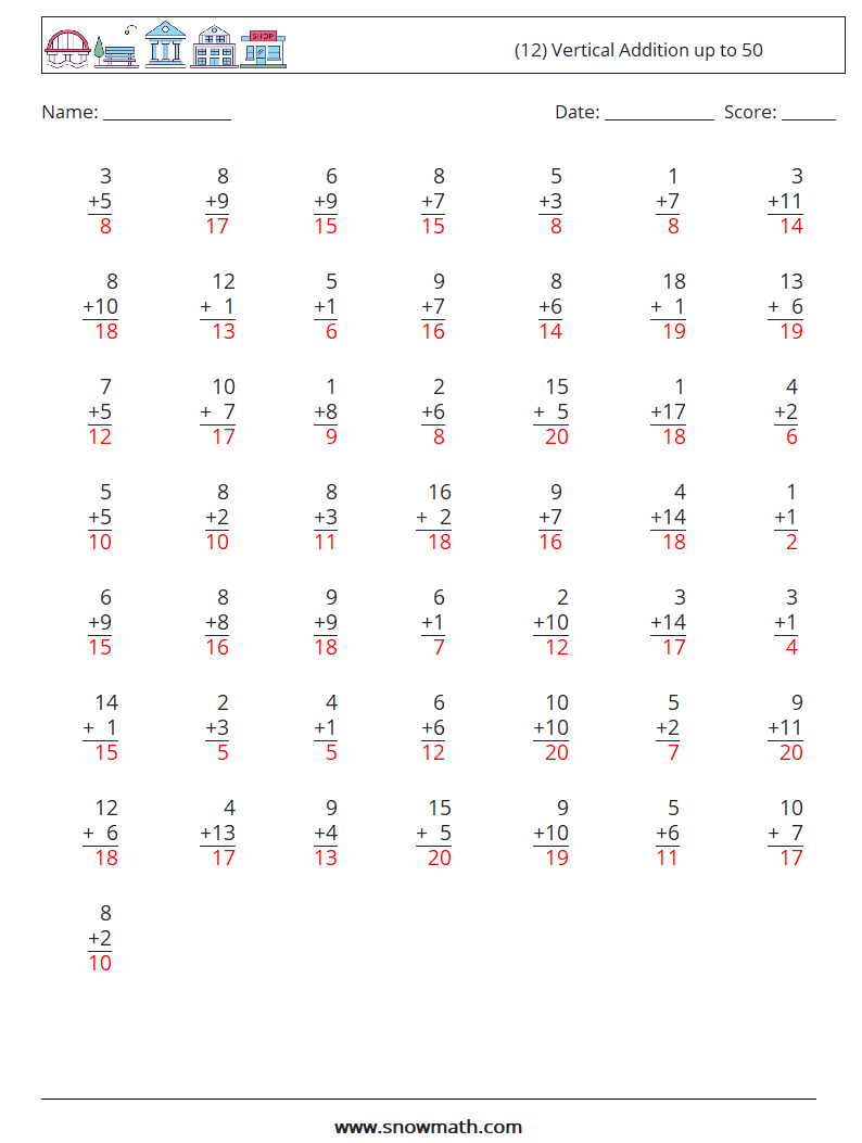 (12) Vertical Addition up to 50 Maths Worksheets 14 Question, Answer