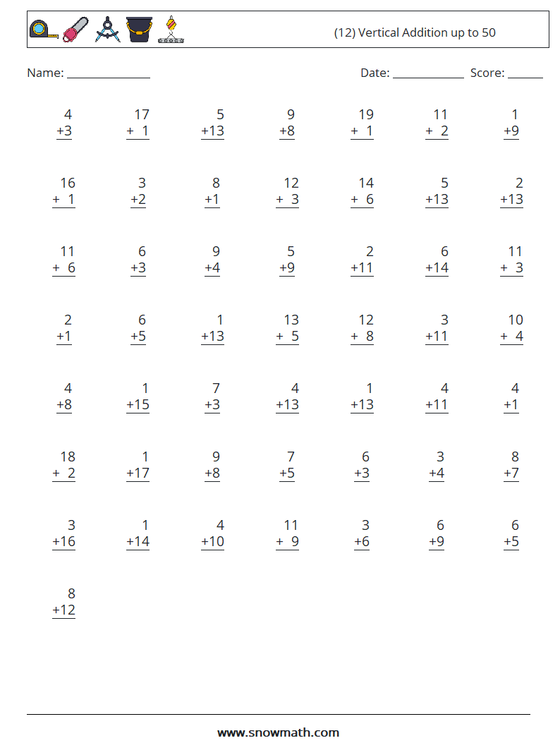 (12) Vertical Addition up to 50 Maths Worksheets 16