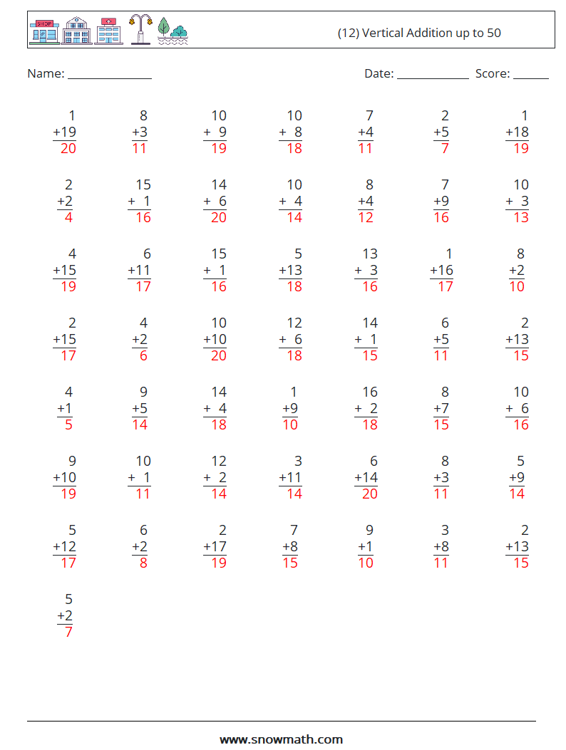 (12) Vertical Addition up to 50 Maths Worksheets 17 Question, Answer