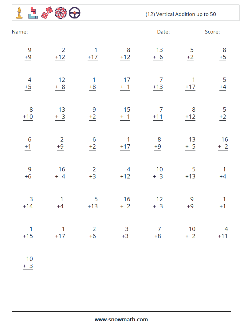 (12) Vertical Addition up to 50 Maths Worksheets 18