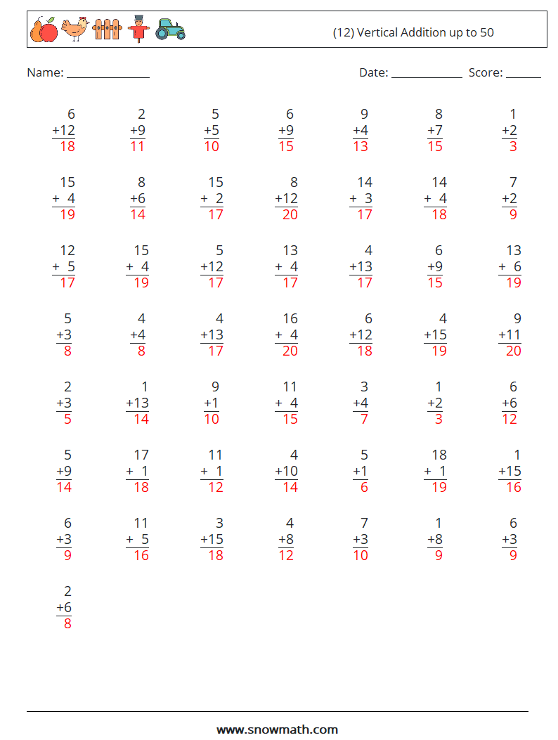 (12) Vertical Addition up to 50 Maths Worksheets 1 Question, Answer