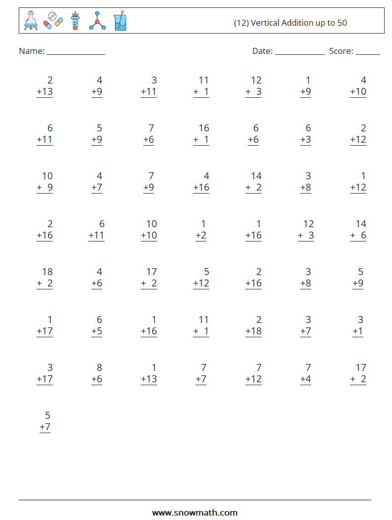 (12) Vertical Addition up to 50 Maths Worksheets 2